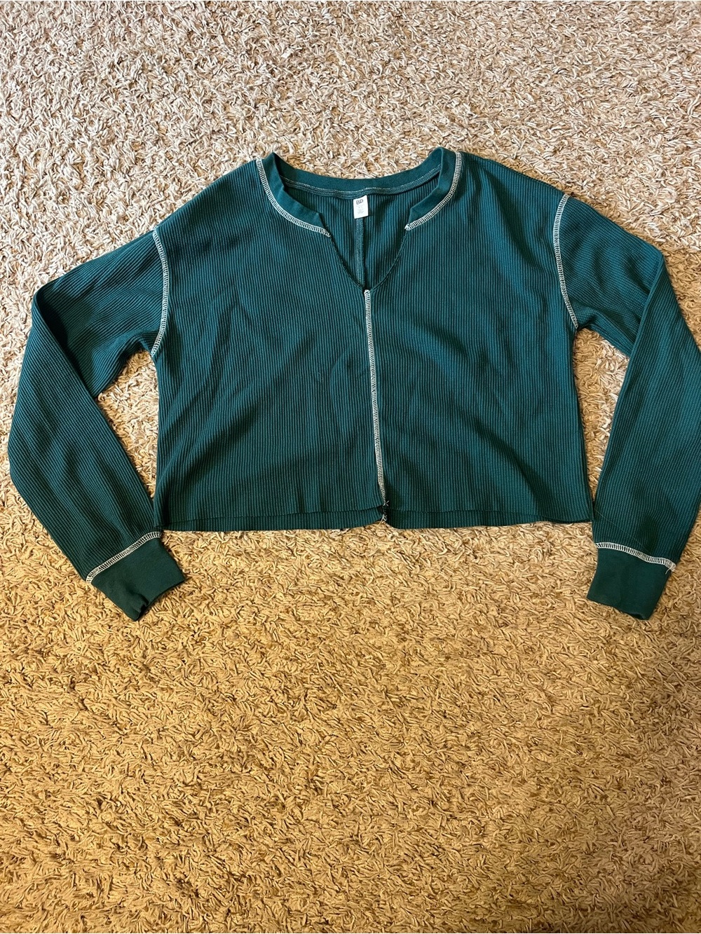 BP Cropped Ribbed Long Sleeve Top in Teal Green